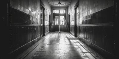 uma assombrosamente esvaziar corredor banhado dentro luz e sombra, capturado dentro monocromático, evoca uma Eterno sentido do mistério e abandono foto