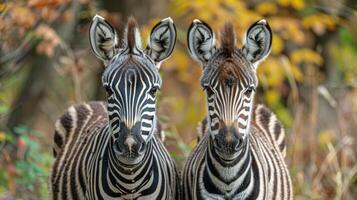 dois zebras em pé Próximo para cada de outros foto