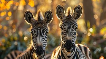 dois zebras em pé Próximo para cada de outros foto