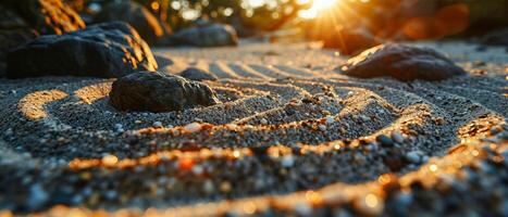 nascer do sol zen jardim com pedras e areia padrões foto