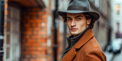 à moda jovem homem dentro chapéu e casaco posando dentro urbano beco foto