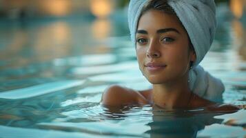 mulher secagem cabelo com toalha dentro piscina foto