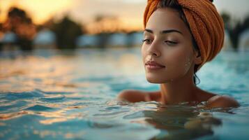 mulher secagem cabelo com toalha dentro piscina foto