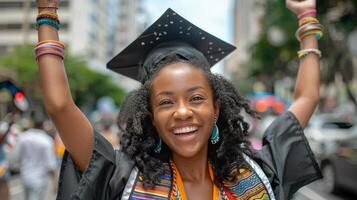 mulher dentro graduação boné e vestido foto