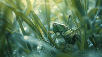 gafanhoto em repouso em exuberante verde campo foto