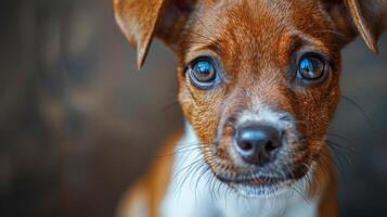 pequeno Castanho cachorro com azul olhos olhando acima foto