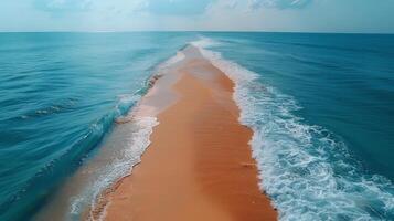 aéreo Visão do uma de praia com ondas e areia foto