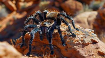 ampla azul aranha sentado em topo do uma Rocha foto