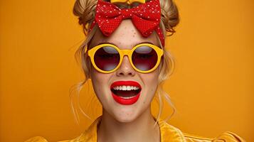 alegre mulher dentro amarelo com retro oculos de sol e vermelho arco foto