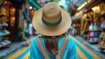 mulher explorando movimentado mercado rua às crepúsculo foto