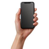 mão elegantemente segurando uma moderno Smartphone com uma em branco tela dentro fechar-se. foto