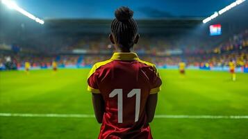 futebol jogador número 11 observando estádio jogos às crepúsculo foto
