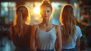 trio do mulheres dentro suave tarde luz dentro de casa foto