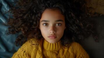 jovem menina com encaracolado cabelo dentro amarelo suéter foto