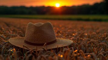 Palha chapéu em repouso dentro trigo campo às pôr do sol foto
