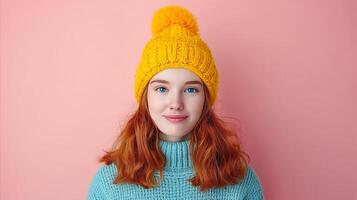 sorridente jovem mulher dentro amarelo gorro e azul suéter contra Rosa fundo foto