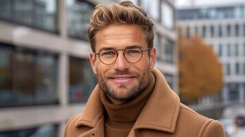 sorridente homem vestindo óculos dentro urbano configuração durante outono foto