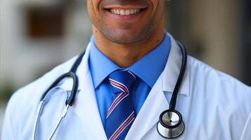 sorridente médico dentro branco casaco com estetoscópio foto