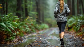 mulher corrida em floresta trilha em nublado dia foto