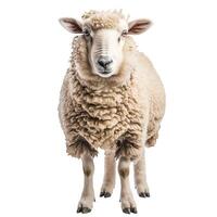uma ovelha é de pé, exibindo Está lanoso casaco com uma transparente pano de fundo. foto