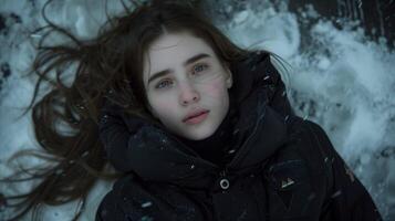jovem mulher deitado dentro neve durante inverno foto