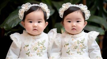 gêmeo crianças dentro Coincidindo floral vestidos e bandanas foto