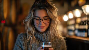 jovem mulher desfrutando Cerveja às uma acolhedor bar durante tarde foto