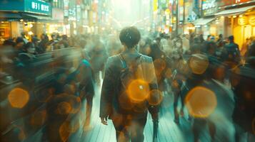solitário figura no meio borrado multidão em movimentado cidade rua às crepúsculo foto
