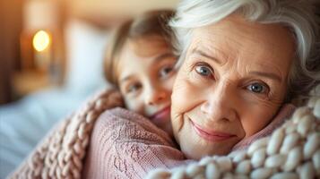 avó e neta partilha uma caloroso abraço dentro de casa foto