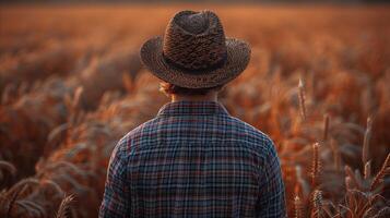 agricultor observando trigo campo às crepúsculo foto