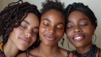 sereno trio do sorridente jovem mulheres com fechadas olhos foto