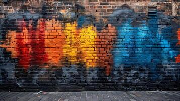 vibrante grafite arte em urbano tijolo parede representando colorida chamas foto