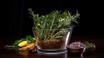 vidro vaso preenchidas com perfumado ervas e especiarias foto