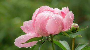 parcialmente aberto Rosa peônia e haste com pingos de chuva. foto