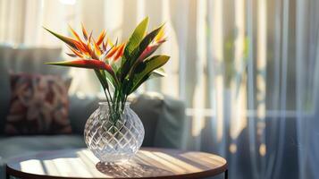 lindo pássaro do paraíso flor arranjo dentro uma cristal vaso foto