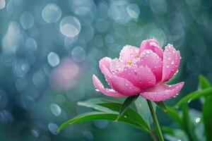 parcialmente aberto Rosa peônia e haste com pingos de chuva. foto