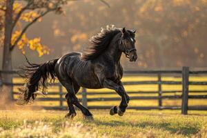 uma majestoso frisão cavalo trote graciosamente através uma iluminado pelo sol pasto. foto