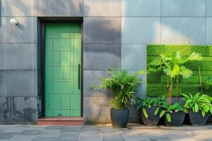 verde frente porta com plantas, fachada do uma moderno construção com moderno porta. foto