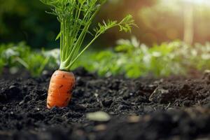 orgânico agricultura cenoura dentro Preto solo. foto