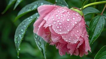 parcialmente aberto Rosa peônia e haste com pingos de chuva. foto