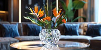 lindo pássaro do paraíso flor arranjo dentro uma cristal vaso foto