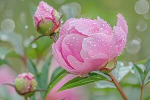 parcialmente aberto Rosa peônia e haste com pingos de chuva. foto