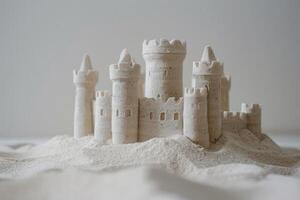 uma simples Castelo de Areia em uma branco fundo foto