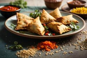 vegetariano samosa ou chamuças indianas especial tradicional rua Comida foto