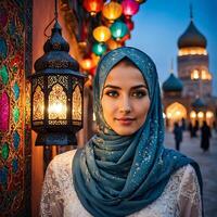 mulher dentro tradicional muçulmano roupas, sorridente. lindo mulher Tiros na Cabeça olhando às Câmera e vestindo uma hijab. foto