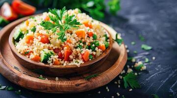 uma tigela do cuscuz com uma variedade do legumes e grãos foto