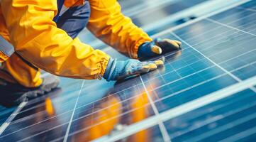 solar painéis instalado dentro a cidade residencial área para produzir limpar \ limpo eco sustentável energia foto
