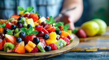 uma prato do fruta salada com morangos, kiwi, laranjas e de outros frutas foto