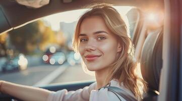 feliz carro propriedade, lindo senhora sorridente quando dirigindo Novo carro carro foto