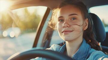 feliz carro propriedade, lindo senhora sorridente quando dirigindo Novo carro carro foto